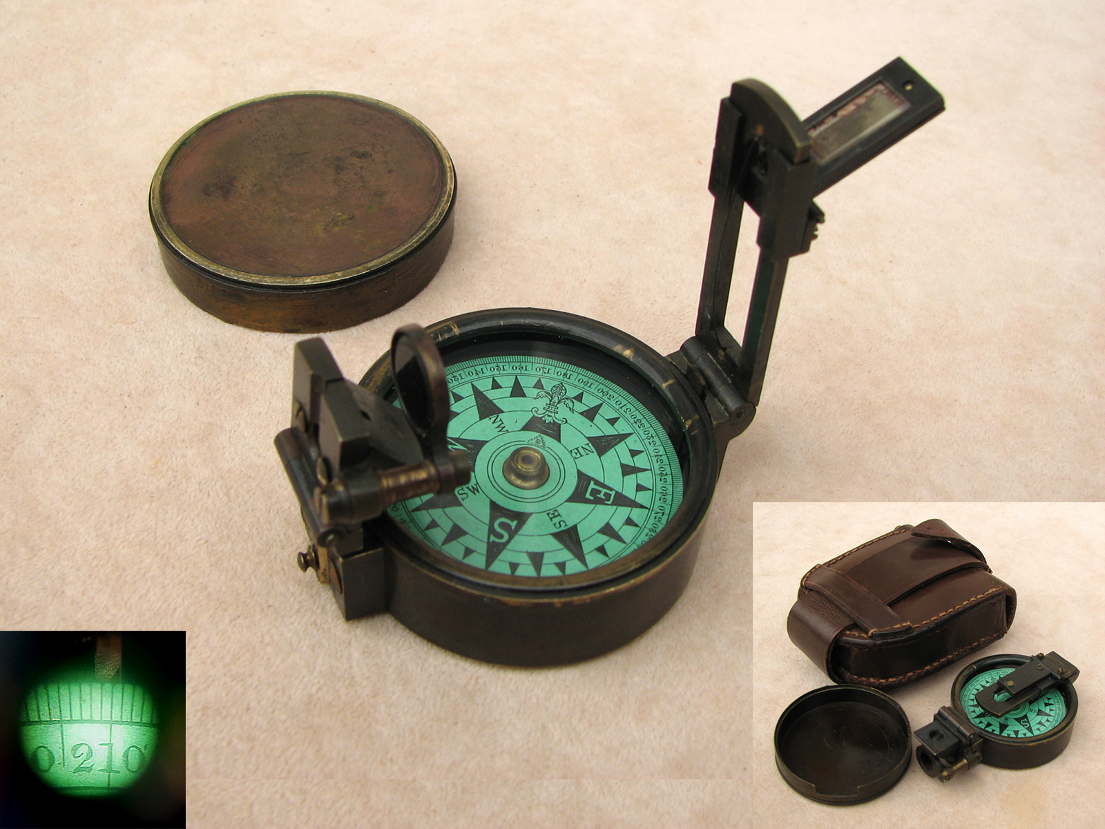 Unusually small 19th century Francis Barker green card prismatic compass 